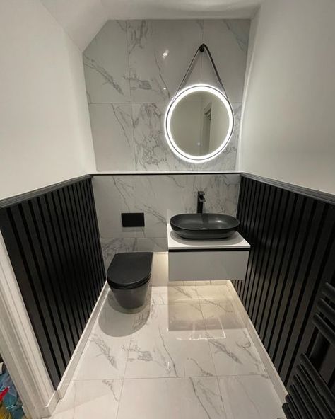 Downstairs Toilet Black And White, Black Bathroom Panelling, Black Panelling Bathroom, Tiled Downstairs Toilet, Black And White Downstairs Toilet, Black Downstairs Toilet, Black Tile Paint, Black Toilet Bathroom Ideas, Black And White Toilet