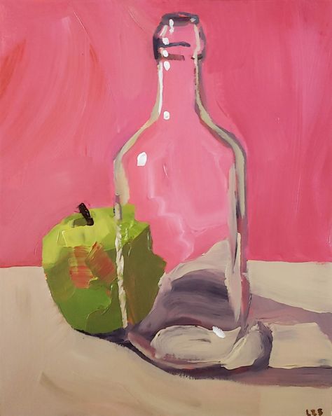 Original acrylic painting of an apple and a glass bottle. Glass Still Life Painting, Painting Of Bottle, Painting Of Glass Objects, Glass Container Painting, Glass Containers Art, Glass Containers Art Igcse, Acrylic Painting Objects, Glass Bottle Acrylic Painting, Glass Bottle Illustration