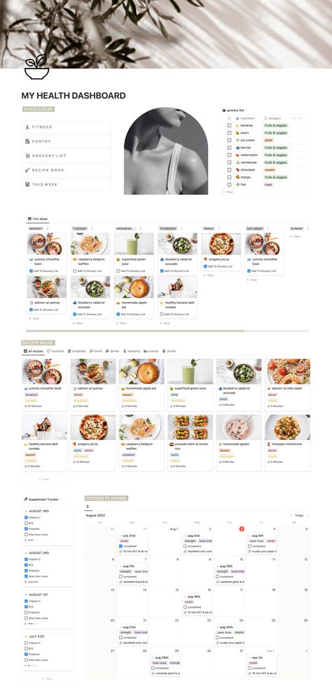 aesthetic notion template Meal Plan Notion Template, Notion Workout Planner, Notion Health Template, Notion Workout Template, Notion Meal Planner, Notion Inspiration, Nutrition Planner, Notion Inspo, Notion Ideas