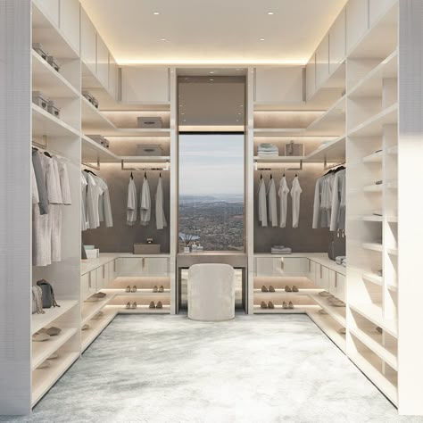 Designed by NEUMARK. A walk-in wardrobe from our project of the Beverly Park mansion. Isn’t this place fabulous? Гардеробная в нашем… | Instagram Vanity Walk In Closet Ideas, Closet Design Walk In, Walk In Wardrobe With High Ceiling, Dressing Room Design With Window, Walk In Wardrobe Minimalist, Walk In Wardrobe Vanity, Closet Room With Window, Closed Room Design, Small Walkin Closet With Window