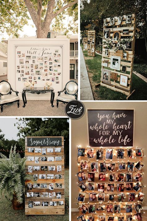 wedding photo display ideas for pallet collages Pallet Collage Photo Displays, Picture Displays Wedding, Picture Display For Wedding, Diy Photo Display Wedding, Creative Wedding Decor Ideas, Unique Picture Display Ideas, Pallet Photo Display, Wedding Photo Displays, Acrylic Photo Display