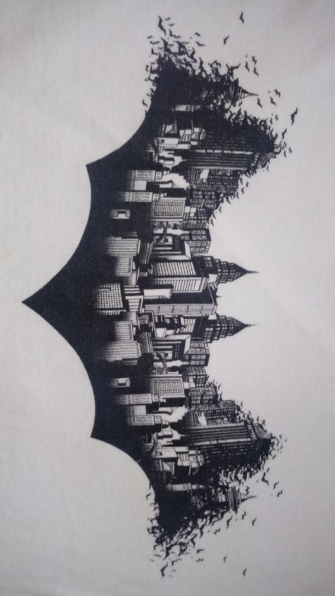 Batman Gotham City Tattoo, Batman And Gotham City, Gotham City Tattoo Ideas, Gotham City Silhouette, Batman Silhouette Tattoo, Batman Logo Painting, Gotham Tattoo Ideas, Batman T Shirt Design, Tattoo Ideas Batman