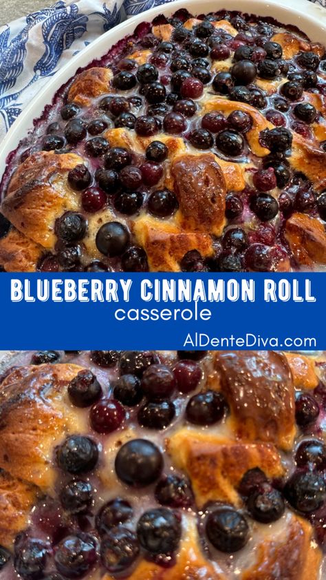 Blueberry cinnamon roll casserole is made using canned cinnamon rolls, blueberries, icing and just a few other simple ingredients for the perfect Blueberry Cinnamon Roll Casserole, Canned Cinnamon Rolls, Blueberry Cinnamon Rolls, Easy To Make Recipes, Oven Baked Bacon, Cinnamon Roll Casserole, Recipes For The Whole Family, Easy To Make Breakfast, Blueberry Breakfast