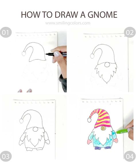 Gnome Drawing, Easy Drawing Step By Step, Easy Drawing Steps, Mushroom Drawing, Drawing Step By Step, Directed Drawing, Diy Gnomes, Gnomes Crafts, Drawing Tutorial Easy