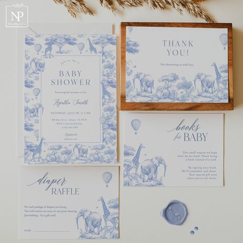 Safari Toile De Jouy Baby Shower Invitation Set, Vintage Floral Invite, Blue Chinoiserie, Baby Boy, Jungle, Hot Air Balloon - TJ01 Hot Air Balloon Design, Safari Baby Animals, Blue Chinoiserie, Blue Toile, Jungle Baby Shower, Jungle Baby, Carton Invitation, Invitation Floral, Shower Themes