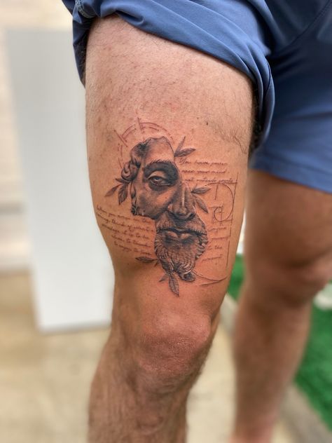 Male Greek Tattoos, Mens Mythology Tattoo, Tattoo Ideas For Men Greek Mythology, Quad Men’s Tattoos, Biblical Imagery Tattoos, Greek And Roman Tattoos, Roman Greek Tattoos, Marcus Aurelius Tattoo Sleeve, Greek Forearm Tattoo Men