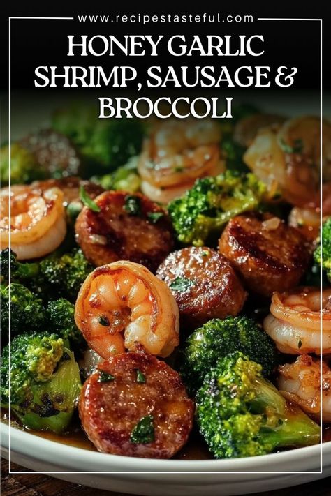 This Honey Garlic Shrimp, Sausage & Broccoli dish is a delightful blend of sweet and savory flavors, making it a perfect quick and easy weeknight meal. Ready in under 30 minutes, it’s packed with protein and vegetables, served over rice or quinoa. Honey Broccoli Shrimp, Shrimp Italian Sausage Recipes, Honey Shrimp Sausage And Broccoli, Honey Garlic Sausage Shrimp And Broccoli, Shrimp Sausage And Broccoli, Shrimp Sausage Broccoli Stir Fry, Shrimp And Sausage Stir Fry, Shrimp Broccoli Sausage, Shrimp Sausage And Broccoli Recipes