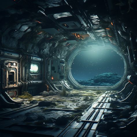 an 8k super hi resolution cinematic style photo of a liminal space in an abandoned space station in deep space. #nft #AI #art #painting #nftartist #AIartgallery #DigitalArt #artwork #AIart #generativeart #GenerativeAI #artwork #artist #artistsofinstagram Sci Fi Scenery, Derelict Space Station, Abandoned Spaceship Interior, Dnd Alien, Derelict Spaceship, Abandoned Spaceship, Sci Fi Environment Concept Art, Abandoned Space Station, Dnd Space