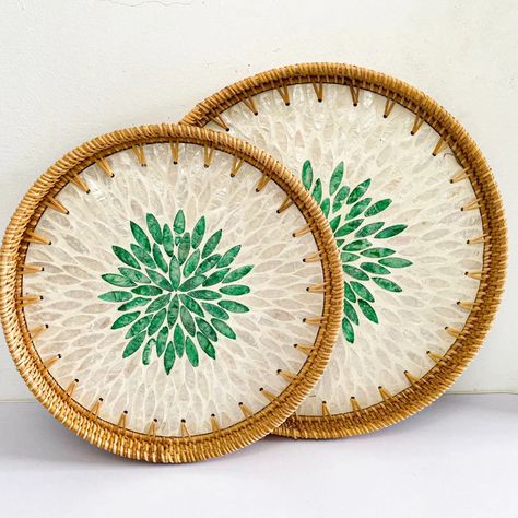 Mother of Pearl and Mosaic Tray Round Rattan Serving Tray - Etsy Vietnam Rattan Serving Tray, Mosaic Tray, Rattan Baskets, Pattern Wall Art, Serving Tray Set, Display Tray, Rattan Basket, Tea Tray, Serving Trays