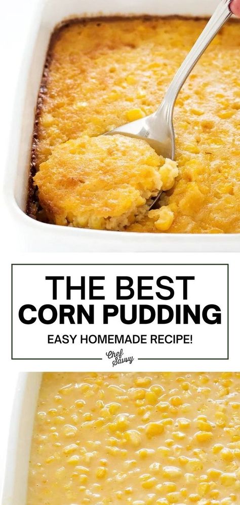 Save this recipe for the best sweet and easy corn pudding recipe! Creamy and Rich Corn Pudding made from scratch with brown butter, heavy cream and corn. No boxed jiffy corn mix or canned corn needed! Follow Chef Savvy for more healthy comfort food! Side Dishes With Heavy Cream, Corn Casserole No Jiffy, Easy Corn Pudding, Canned Corn Recipes, Corn Pudding Casserole, Corn Pudding Recipe, Sweet Corn Casserole, Sweet Corn Pudding, Holidays Recipes