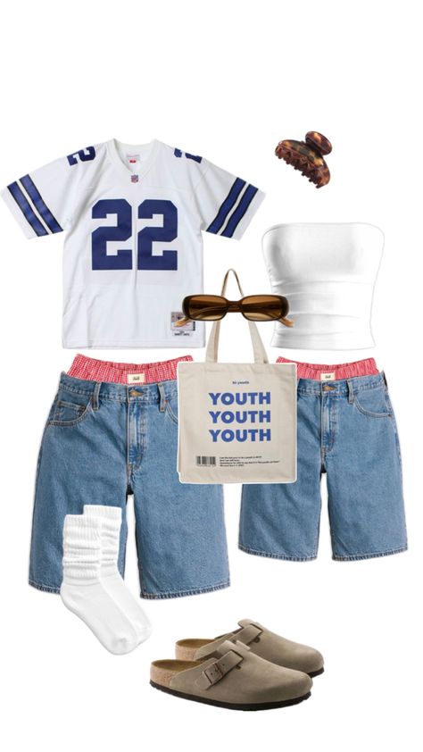 summer fits, jorts, white, blue, jersey Ahs Style, Blue And White Outfits, Matching Fits, 90s Theme, Chill Fits, Streetwear Clothes, Blue Jersey, Aesthetic Fits, Summer Fits