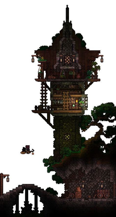 Terraria Tower Design, Terraria Wizard Tower, Terraria Tower, Minecraft Witch Tower, Fantroll Ideas, Terraria Design, Werewolf Design, Tangled Tower, Terraria Game