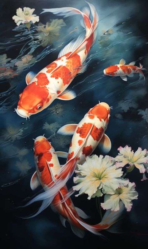 Koi Fish In A Pond, Fish In A Pond, Ocean Creatures Art, Two Koi Fish, Tango Art, Fish Paintings, Koi Painting, Koi Fish Drawing, Koi Watercolor