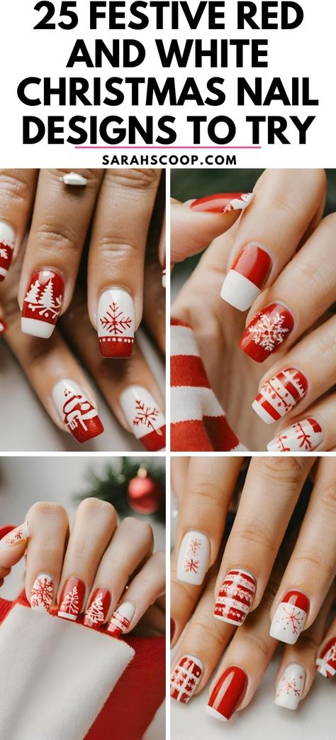 Get inspired for the holidays with these stunning red and white Christmas nail designs! From classy to festive styles, let your nails reflect your holiday spirit! 🎅💅🎄 #nailinspo #christmas #redandwhite Christmas Nail Designs Red And White, White Nails With Red Tips, Christmas Nails White And Red, Pointsetta Nail Design, Red And White Nails Short, White And Red Christmas Nails, Red Sweater Nails, Red White Christmas Nails, Red Holiday Nail Designs