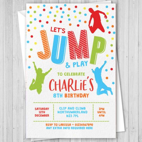 PERSONALISED JUMP BIRTHDAY PARTY INVITATIONS INVITES TRAMPOLINE 10 + envelopes | eBay Trampoline Birthday Invitations, Trampoline Birthday Party, Sports Birthday Invitations, Birthday Party At Park, Sports Theme Birthday, Park Birthday, Birthday Clips, Sports Birthday, Birthday Party Invitation Templates