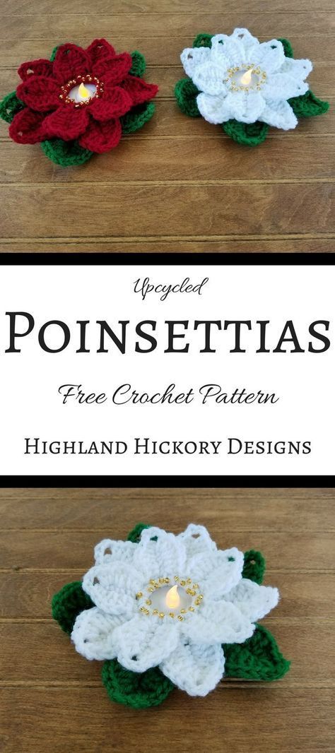 Crochet the Upcycled Poinsettias using 1.5" plastic rings found on gallon-sized jugs! This free and easy pattern is great for Christmas decorating or gifts. Crocheted Poinsettia Pattern Free, Crochet Christmas Flowers, Crochet Poinsettia Free Pattern, Crocheted Poinsettia, Christmas Poinsettia Decorations, Poinsettia Crochet, Crochet Poinsettia, Crochet Puff Flower, Crochet Christmas Ornaments Free