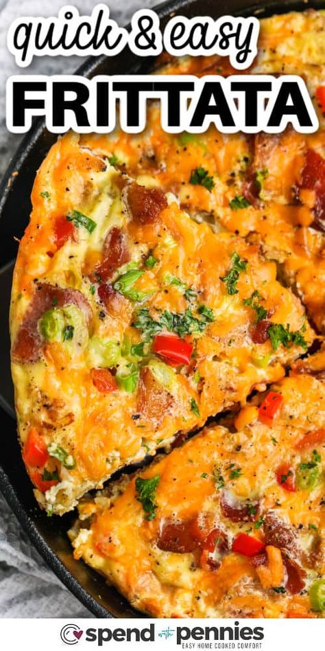 This easy frittata recipe is hearty, healthy, and so tasty. Prepping and clean up is a breeze too, because it’s oven baked in one simple skillet! Packed with eggs, cheddar cheese, bacon, veggies, and herbs, it's a complete meal in one skillet. And the best part is, you can customize it with whatever leftovers or add-ins you have! Try it with ham, spinach, feta, or tomatoes. #easyfrittattarecipe #easyfrittattarecipebaked #spendwithpennies #easyfrittatarecipe #easyfrittatarecipesimple Fritata Recipe, Fritatta Recipe, Easy Frittata Recipe, Baked Frittata, Easy Frittata, Egg Benedict, Eggplant Lasagna, Quiche Recipes Easy, Frittata Recipe