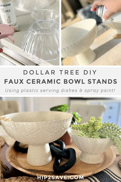 Dollar Store Plastic Bowl Crafts, Stone Spray Paint Ideas, Dollar Tree Bowls, Paint Baskets, Dollar Tree Easter Decor, Stone Spray Paint, Bowls Ideas, Diy Pedestal, Dollar Tree Centerpieces