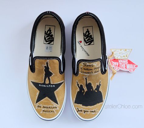 Custom painted Vans with musical Hamilton design by atelierChloe Hamilton Vans, Hamilton Shoes, Hamilton Fashion White Vans Painted Shoes Ideas, Hamilton Crafts, Hamilton Shoes, Hamilton Playbill, Vans Painted Shoes Ideas, Hamilton Birthday, Hamilton Fashion, Custom Painted Vans, Hamilton Jewelry