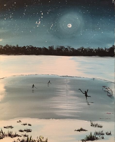 Pond Hockey Painting, Hockey Painting Easy, Winter Lake Painting, Hockey Painting Ideas On Canvas, Hockey Painting Ideas, Ice Skating Painting, Hockey Watercolor, Hockey Painting, Hockey Tattoos