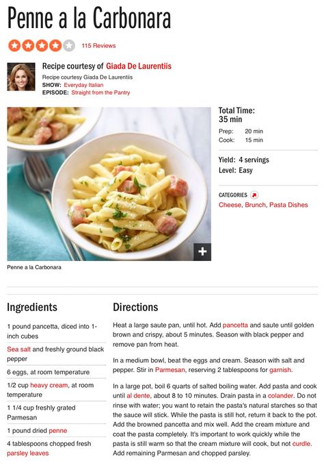 Penne a la Carbonara Carbonara Ingredients, Giada De Laurentiis Recipes, Everyday Italian, Giada De Laurentiis, Main Course, Pasta Dishes, Pasta