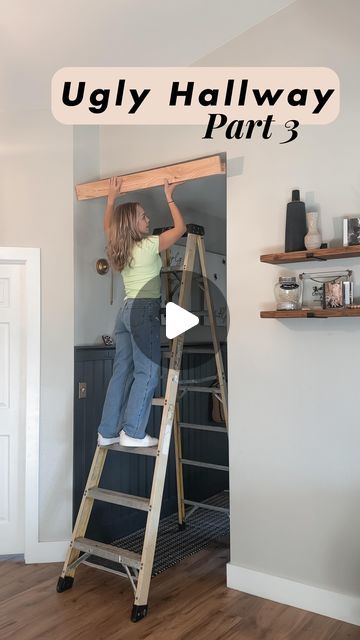 Aubrey Booth | DIY & Home Design on Instagram: "HALLWAY PART 3 IS DONE! 🎉  The DIY faux beams are up and they’re a game-changer. I’m loving how they draw the eye up, making the whole space feel taller. From beadboard to lighting and fresh paint—this hallway got a major glow-up. ✨ It’s been 4 years with no baseboards, and now she’s finally finished (happy tears). 🥲  What’s your favorite part?  #DIY #HomeImprovement #InteriorDesign #FauxBeams #GlowUp" No Baseboards, Beadboard Hallway, Beadboard Entryway, Shiplap Hallway, Diy Faux Beams, Board And Batten Hallway, Hallway Update, Hallway Remodel, Hallway Renovation