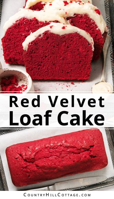 Thick and moist, this red velvet loaf cake is filled with rich flavors and tastes delicious. The quick bread is topped with a tangy cream cheese frosting and has a gorgeous red color. The texture is moist and luscious, and the slightly tangy cake contrasts beautifully with the light cream cheese frosting. It's perfect for Valentine's Day and other special occasions, or just whenever you need that red velvet fix. Variations include chocolate chips and cream cheese swirl. | CountryHillCottage.com Red Velvet Loaf Cake Recipe, Red Velvet Loaf Cake Starbucks, Red Velvet Cake Loaf, Starbucks Red Velvet Loaf Cake Recipe, Red Velvet Bread Loaf, Loaf Cake Recipes Christmas, Red Velvet Bread, Red Velvet Loaf Cake, Red Velvet Loaf