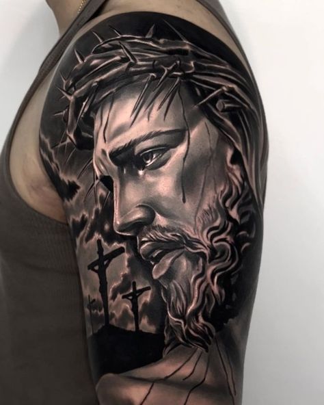 Tattoo work done with EM149 Tattoo work from USA on Instagram: @chacon_tattoos @stigma_tattoo_supply Jesus Tattoo Sleeve, Holy Tattoos, Lion Shoulder Tattoo, Jesus Christ Tattoo, Jesus Tattoo Design, Bible Artwork, Christ Tattoo, Chicano Tattoo, Religious Tattoo