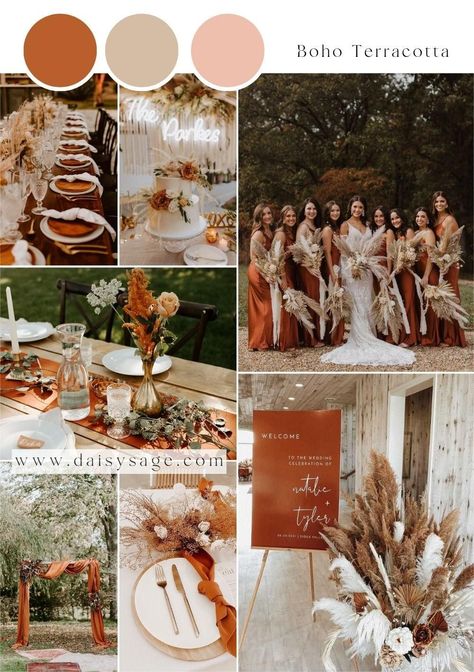 Boho Terracotta Wedding Color Scheme Autumn Wedding Theme Color Schemes, Sage Green And Terracotta Wedding, Wedding Color Theme Ideas, Terracotta Wedding Color, Boho Terracotta Wedding, Terra Cotta Wedding, Boho Wedding Colors, Wedding Theme Color Schemes, Polaroid Wedding