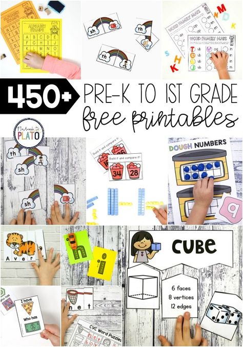 Hundreds of free printables for pre-k through 1st grade! Math games, literacy centers... there's so, so much here!  #iteachprek #iteachk #iteach1st #kindergarten #prek #firstgrade #teacherfreebies 1st Grade Math Games, Free Math Centers, Playdough To Plato, Teaching Freebies, Kindergarten Freebies, Printable Games For Kids, Teacher Freebies, Printable Activities For Kids, Free Preschool