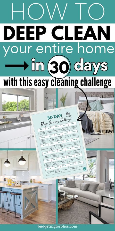 Could your home use a good deep clean? Use this easy 30-Day Deep Clean Challenge to have your home sparkling clean in just 30 days. Includes a free deep cleaning checklist to keep you motivated. This cleaning challenge is perfect when you want to split up your deep cleaning into smaller tasks. Find deep cleaning tips, that are perfect for busy moms. Clean House Quick, Clean Challenge, Feeling Unmotivated, Deep Cleaning Checklist, Cleaning Challenge, Deep Cleaning Tips, Cleaning Motivation, Sparkling Clean, Cleaning Checklist