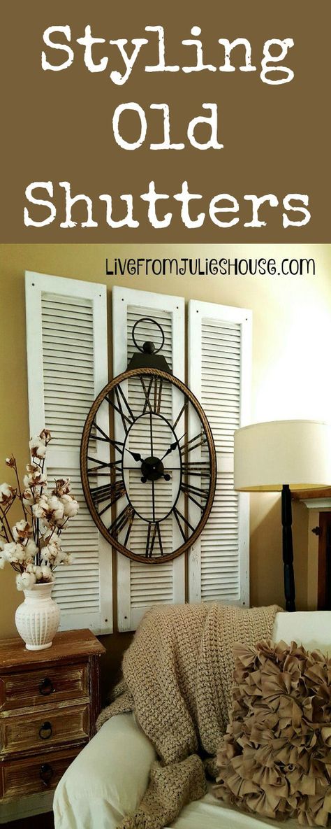 I picked up 3 matching shutters at my local ReStore for just $2 each and layered a large clock on top to make a big, budget friendly focal point for my living room. Shutter Projects, Shutter Decor, Diy Shutters, Living Room Clocks, Old Shutters, Interior Shutters, Beautiful Houses Interior, Shutter Doors, Old Windows