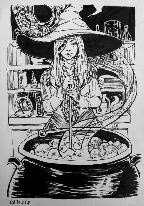 Witch's Brew by CooCooKat21.deviantart.com on @DeviantArt Drawing With Brush Pens, Witches Caldron, Witch Drawing, Hardbound Book, Micron Pens, Witch Rituals, Anime Witch, Evil Witch, Pen Art Drawings