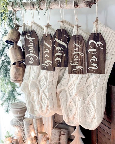 Christmas Name Tags, Stocking Tags, Wood Tags, Christmas Mantel, Wooden Tags, 12 December, Christmas Mantels, Farmhouse Christmas Decor, Christmas Decorating Ideas