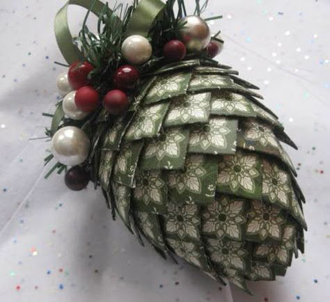 Pine Cone Ornament, Ribbon Ornaments, Pinecone Ornaments, Quilted Ornaments, Folded Fabric, Quilted Christmas Ornaments, Paper Ornaments, Fabric Ornaments, Fabric Christmas Ornaments