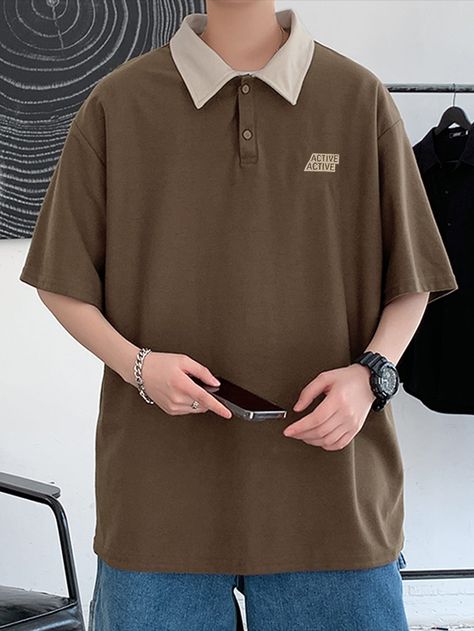 Coffee Brown Casual  Half Sleeve Polyester Letter  Embellished Slight Stretch Summer Men Tops Oversized Polo Shirt Outfit, Oversized Polo Outfit, Oversized Outfit Men, Polo Outfit Men, Polo Shirt Outfit Men, Korean Street Fashion Men, Oversize Outfit, Polo Shirt Outfits, Oversized Polo