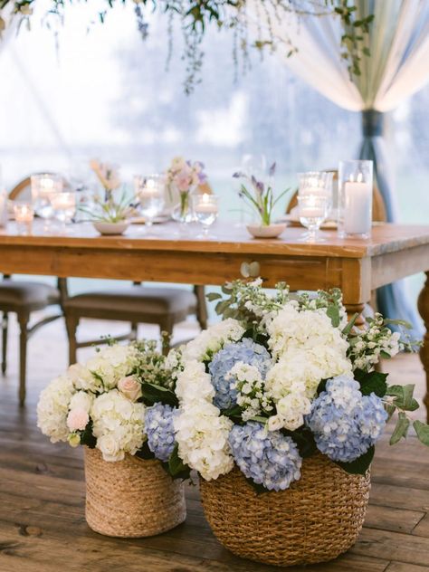 Antique Silver Wedding Decor, Blue And Rattan Wedding, Round Table Shower Decor, Hydrengas Flower Arrangement Wedding, Hydrangea Table Arrangements Wedding, Hydrangea Basket Wedding, Wedding Table With No Plates, Wedding Flowers Hydrangea Centerpiece, Inexpensive Wedding Florals