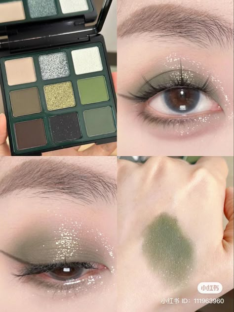 Dark Green Douyin Makeup, Sage Green Douyin Makeup, Green Eyeshadow Douyin, Green Makeup Korean, Brown Douyin Makeup, Green Douyin Makeup, Dark Douyin Makeup, Cute Aesthetic Makeup, Green Dress Makeup