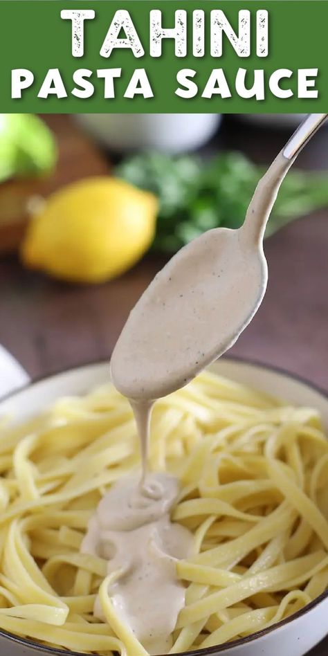 Pasta in a bowl with a creamy tahini pasta sauce with Pinterest overlay. Tahini Pasta Sauce, Vegan Pasta Recipe, Tahini Pasta, Greek Sauce, Easy Pasta Sauce, Greek Salad Recipes, Tomato Pasta Sauce, Egyptian Food, Vegan Pasta Recipes