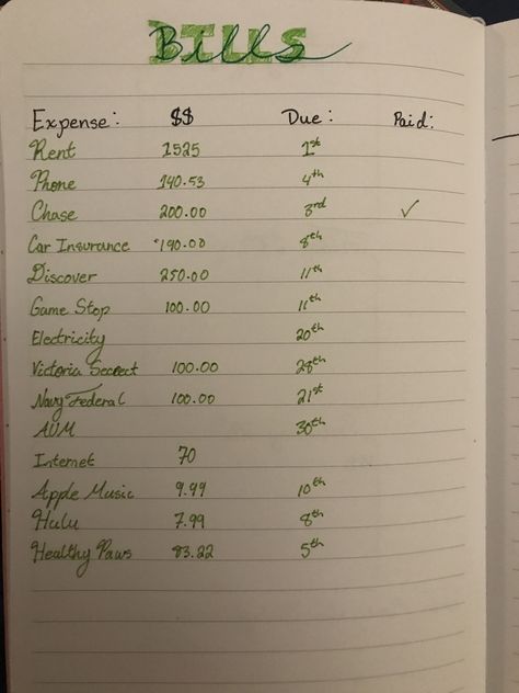 Bills spread sheet on my bullet journal! Bills Notebook Ideas, Paying Bills Aesthetic, Budget Journal, Bullet Journal Budget, Bullet Journal Minimalist, Bullet Journal Headers, Apartment Things, Bullet Journal Monthly Spread, Bullet Journal Cover Page