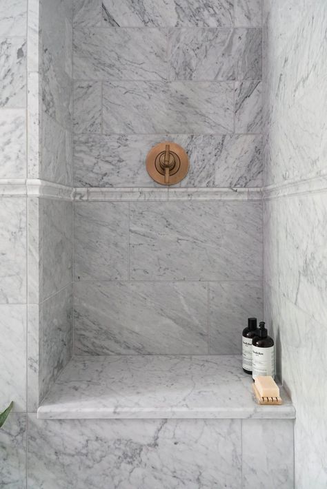 Spring 2020 One Room Challenge™ Reveal Part 3 - The Tile Shop Blog Renovation Husbands, Closet Wallpaper, Shower Curb, Lounge Chair Bedroom, Carrara Marble Tile, Bedroom Storage Cabinets, Marble Showers, Honed Marble, Closet Lighting