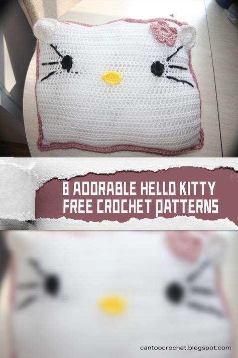 FACEBOOK Crochet Hello Kitty Free Pattern, Hello Kitty Crochet Pattern Free, Hello Kitty Pattern, Crochet Hello Kitty, Kitty Pillow, Pattern Y2k, Crochet Kitty, Hello Kitty Pillow, Hello Kitty Kitchen