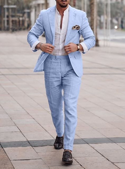 Summer Wedding Outfits Men, Light Blue Suits For Men, Light Blue Suits, Men Linen Suit, King Magnifico, Linen Suit Men, Blue Linen Suit, Linen Suits For Men