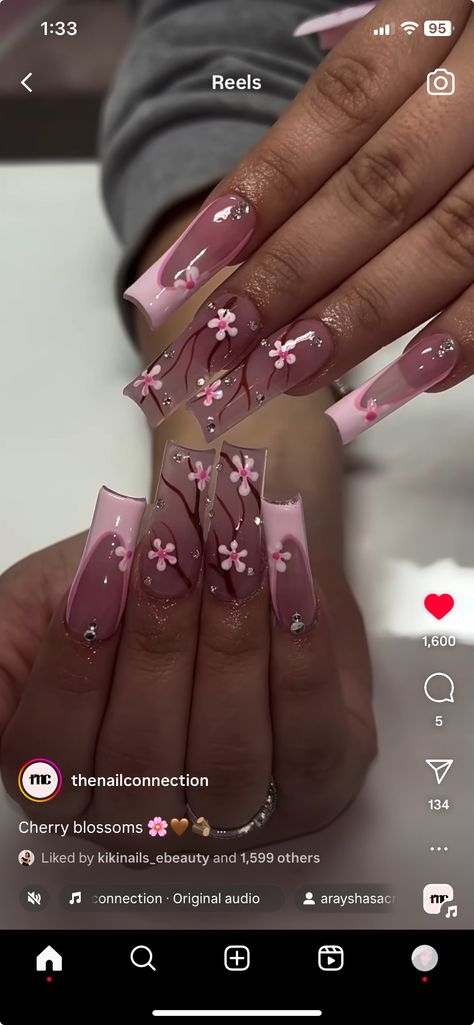 Square Nails Ideas Flowers, Nail Ideas Cherry Blossom, Filipino Inspired Nails, Blossom Tree Nails, Mulan Inspired Nails, Purple Flower Nails Acrylic, Japanese Themed Nails, Pink Anime Nails, Japanese Blossom Nails