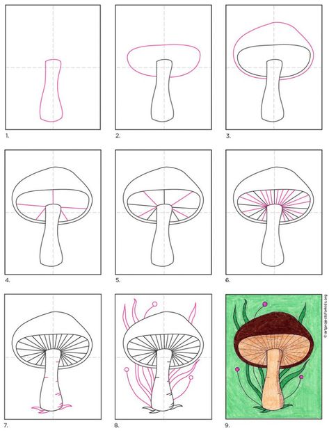 Mushroom Drawing Simple, How To Draw Mushrooms, Draw Mushrooms, Fungi Art, Mushroom Paint, Mushroom Drawing, Circle Drawing, Seni Dan Kraf, Drawing Simple