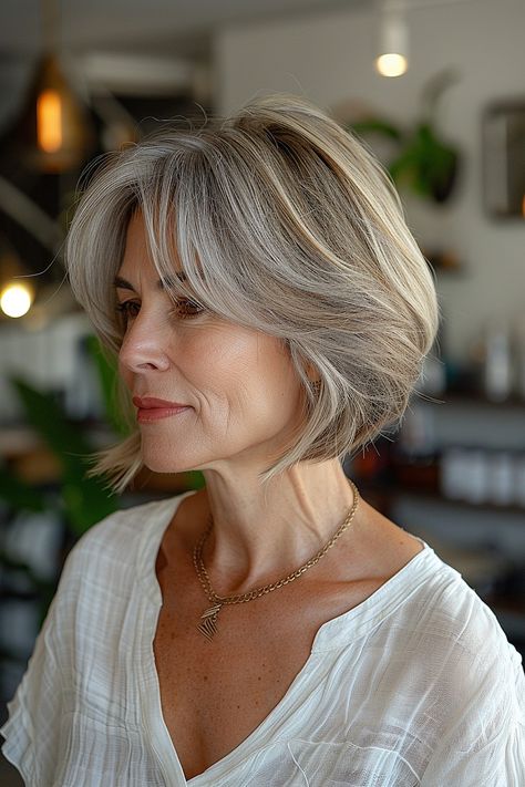 The Trendiest Layered Bob Haircuts of 2024 Short Layered Bob Haircuts Older Women, Naturally Wavy Bob Haircut, Mum Hair, 50 Year Old Woman, Hairstyles For Seniors, Short Layered Bob Haircuts, Short Haircuts With Bangs, Warm Brunette, Wavy Bob Haircuts