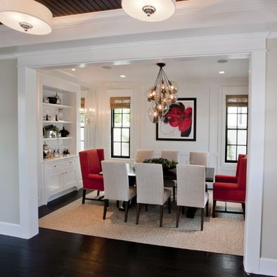 Traditional Dining Room Grey,red,black Dining Room Design, Pictures, Remodel, Decor and Ideas Red Dining Room, Transitional Dining Room, Traditional Dining Rooms, Grey Dining Room, Indoor Ideas, Casa Country, Open Concept Living Room, Black Dining Room, Dining Room Interiors