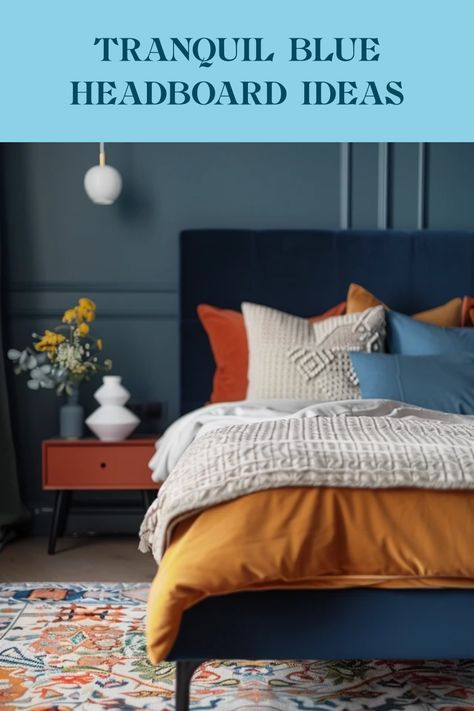 Discover tranquil blue headboard ideas that enhance bedroom decor, creating a calm relaxing space with elegant design elements. Bedding For Blue Headboard, Bed With Blue Headboard, Dark Blue Headboard, Navy Headboard Bedroom, Navy Blue Headboard Bedroom Ideas, Blue Headboard Bedroom Ideas, Blue Headboard Bedroom, Dc Bedroom, Navy Headboard