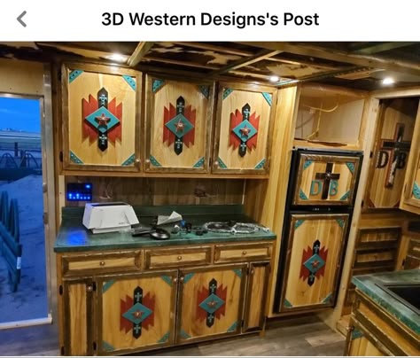 Western Decoupage, Aztec Furniture, Western House Ideas, Western Camper, Western House Decor, Rv Makeover Ideas, Horse Trailer Remodel, Southwest Interior, Horse Trailer Organization