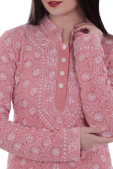 Salmon Pink Pure Georgette Hand Embroidered All Over Chikankari Kurta Chikankari Suits Design Neckline, Chikankari Suits Design, Embroidery Kurti Designs Latest, Chikankari Kurti Designs Latest, Embroidery Kurti, Salwar Neck Designs, Chikankari Suits, Designer Kurti Patterns, Simple Kurti Designs